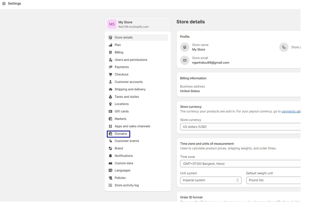 In your Shopify admin, click Settings > Domains.